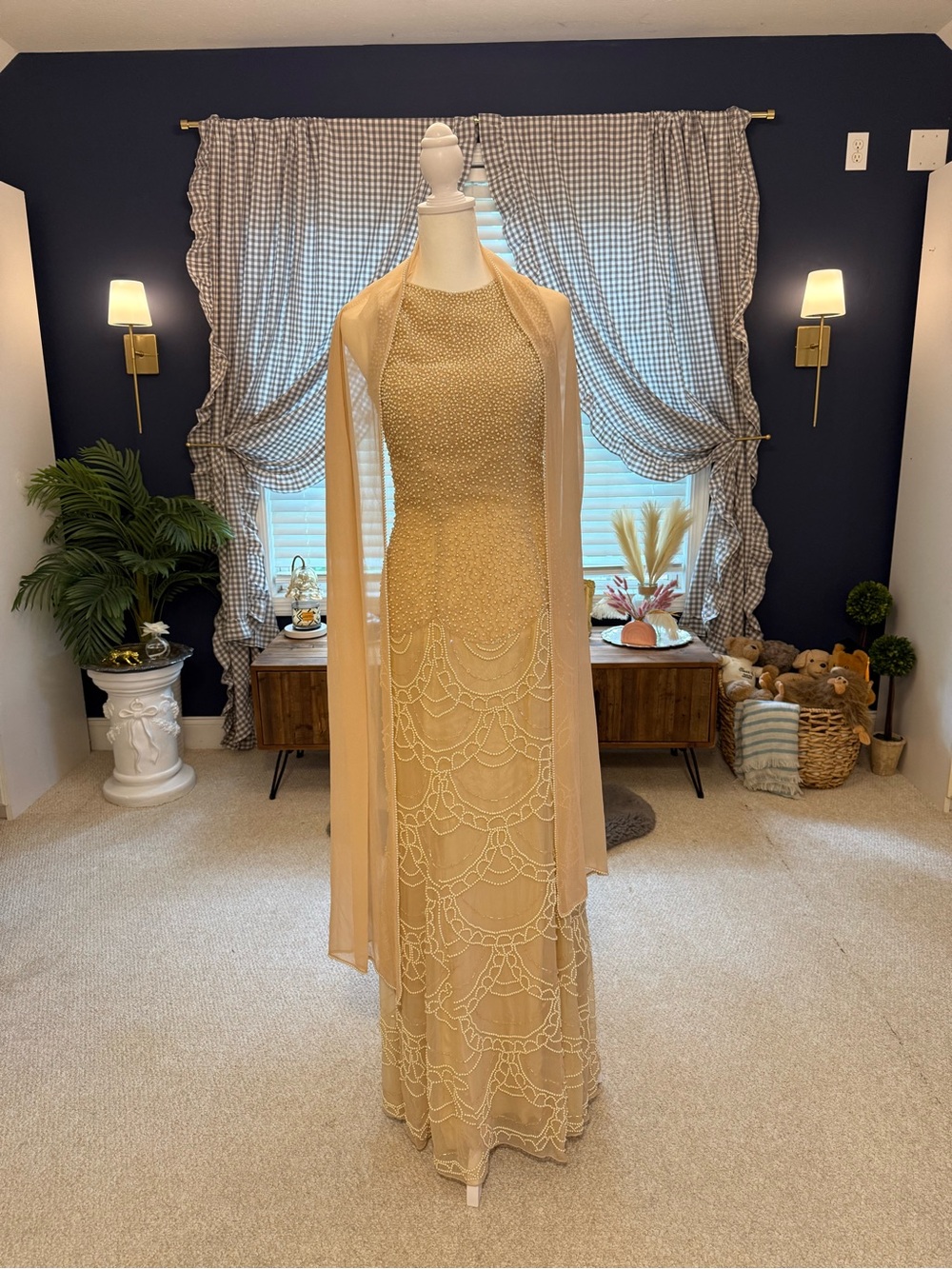 Vintage pearl beaded Sean Collection gown w/ matching pearl beaded shawl
